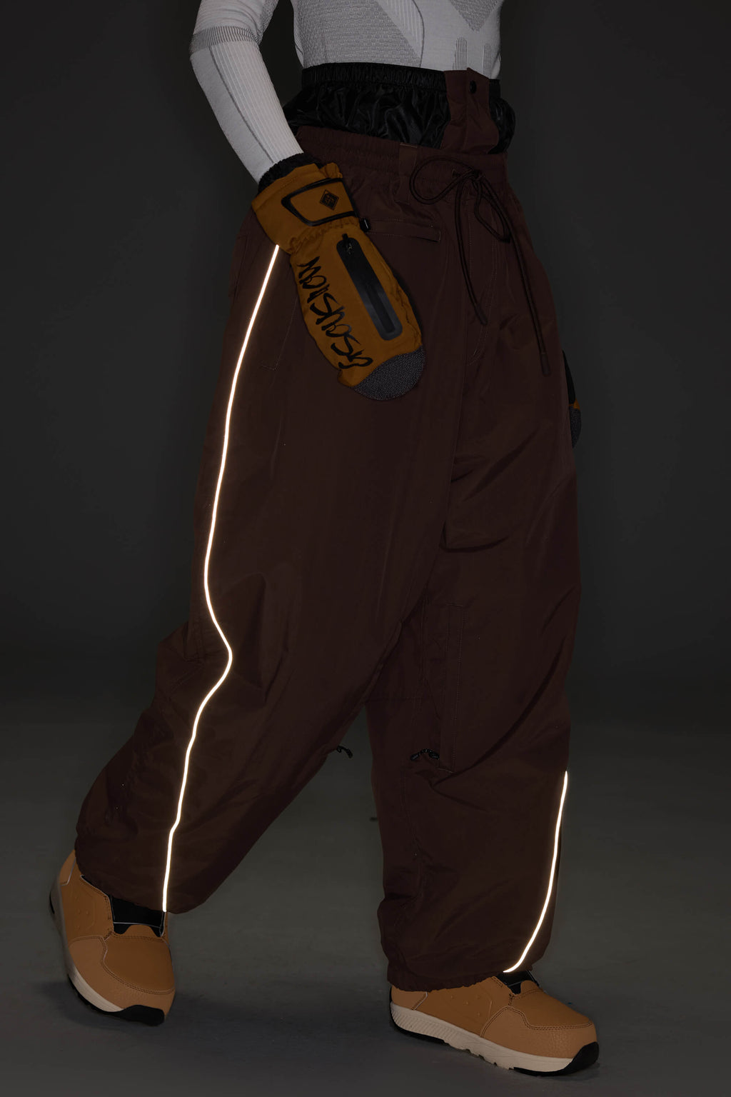 Women's Khaki Baggy Reflective Piping Drawstring Snow Pants