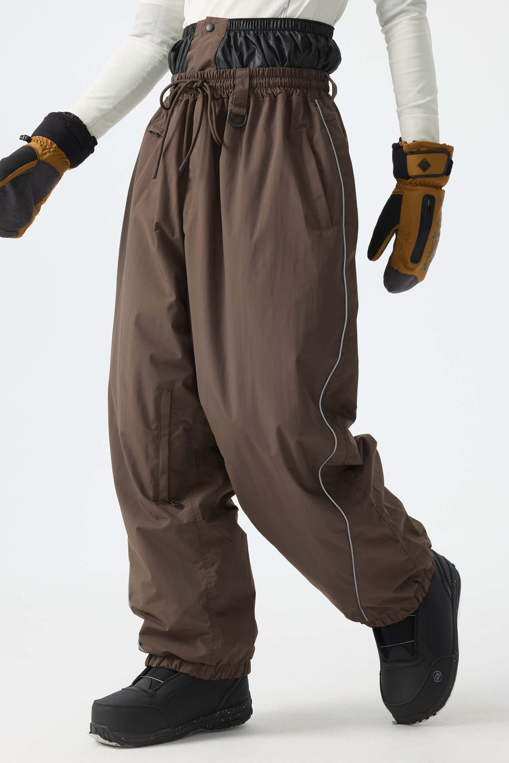 Men's Khaki Baggy Reflective Piping Drawstring Snow Pants