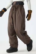 Men's Brown Baggy Reflective Piping Drawstring Snow Pants