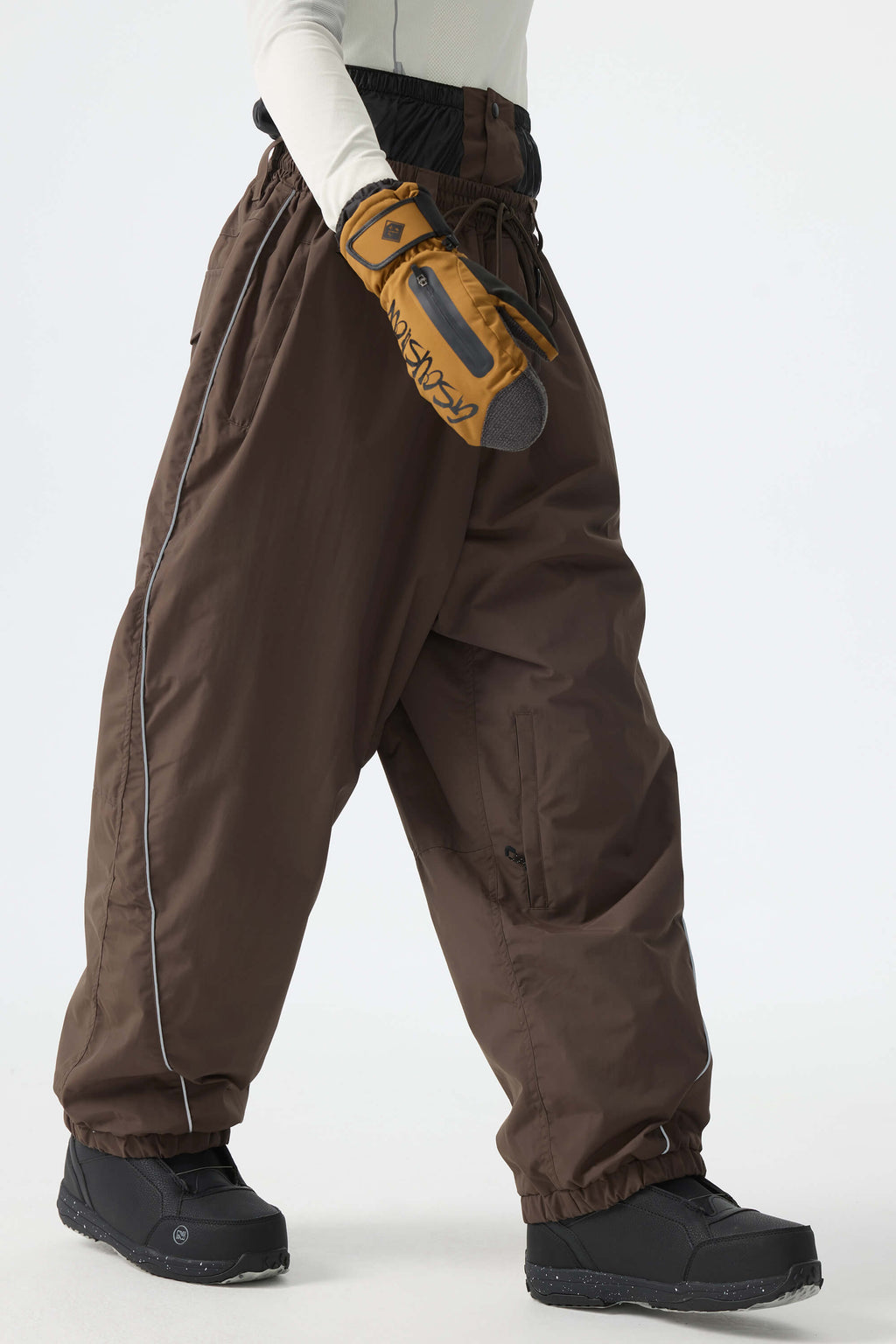 Men's Khaki Baggy Reflective Piping Drawstring Snow Pants