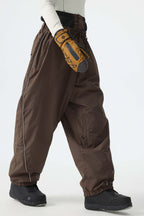 Men's Khaki Baggy Reflective Piping Drawstring Snow Pants