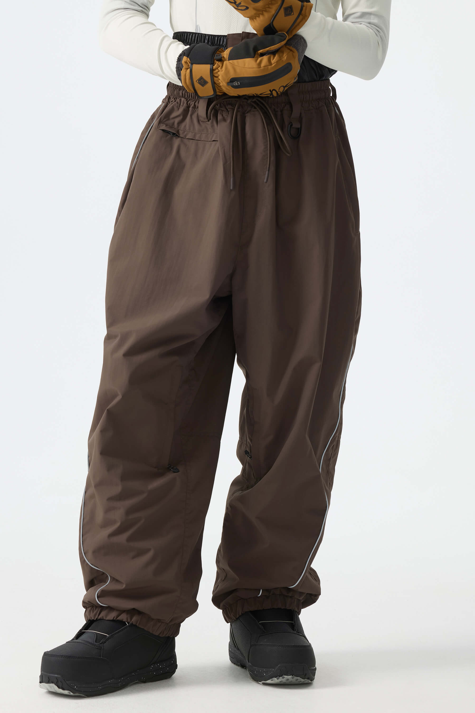 Men's Black Baggy Reflective Piping Drawstring Snow Pants