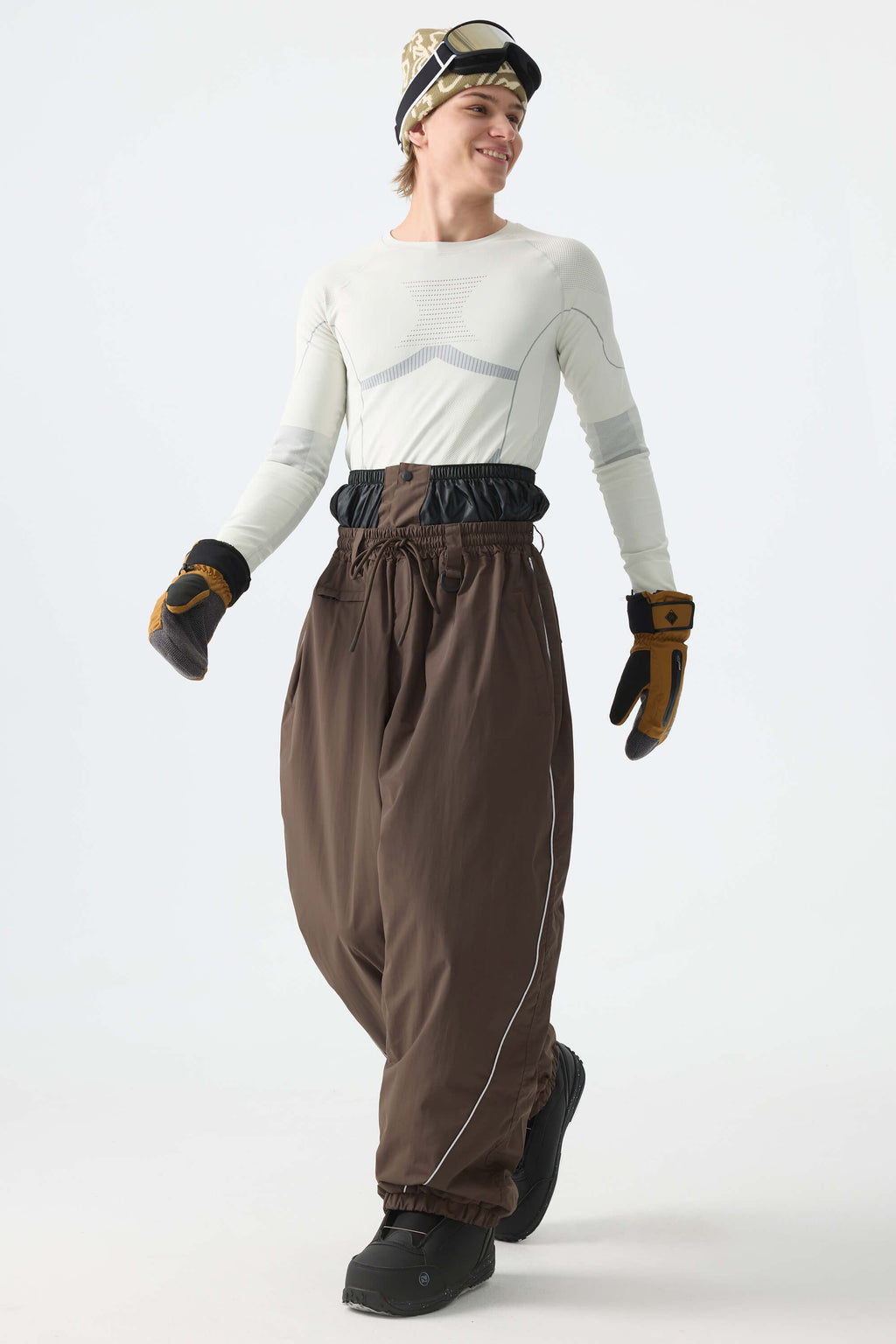 Men's Brown Baggy Reflective Piping Drawstring Snow Pants