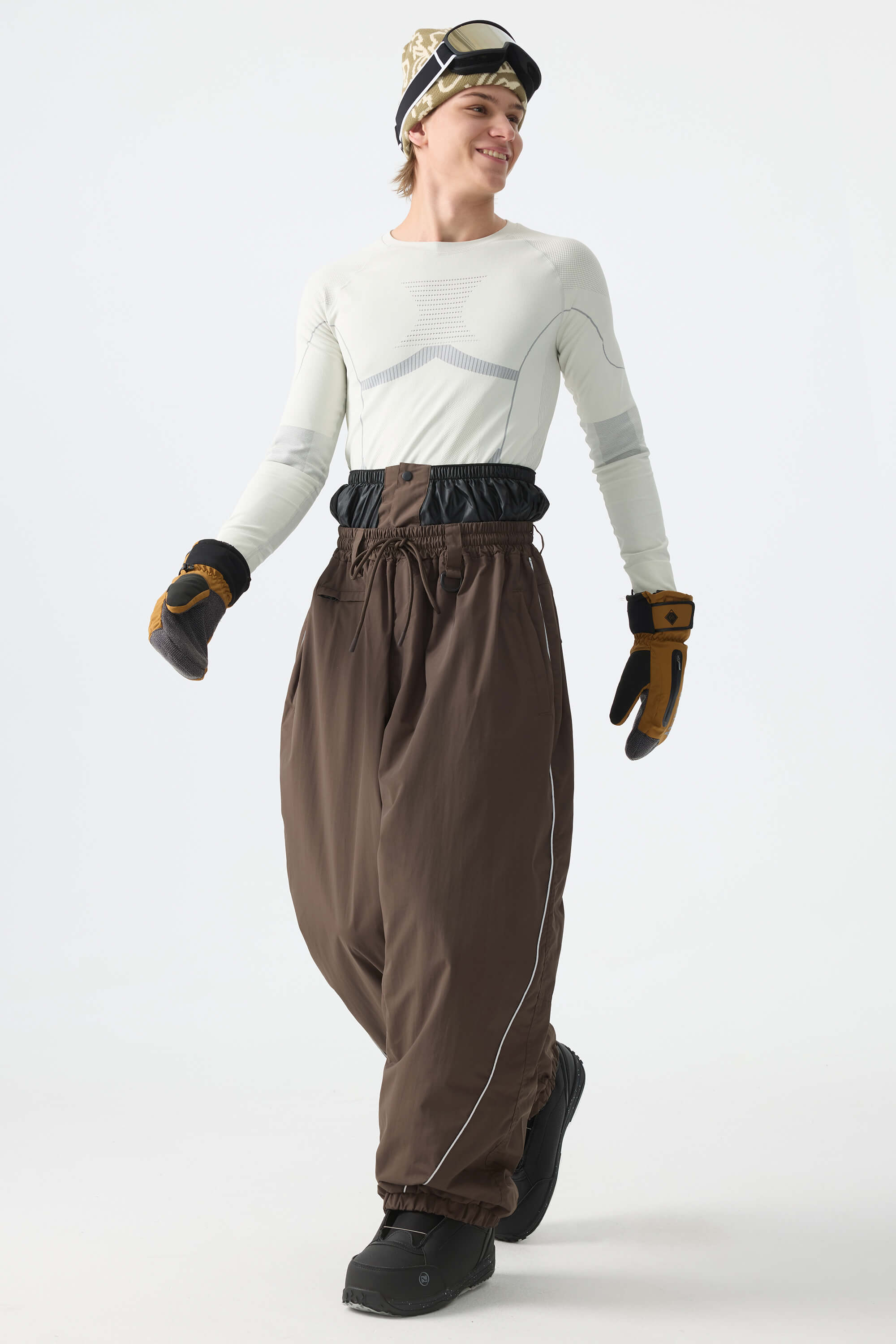 Men's Brown Baggy Reflective Piping Drawstring Snow Pants