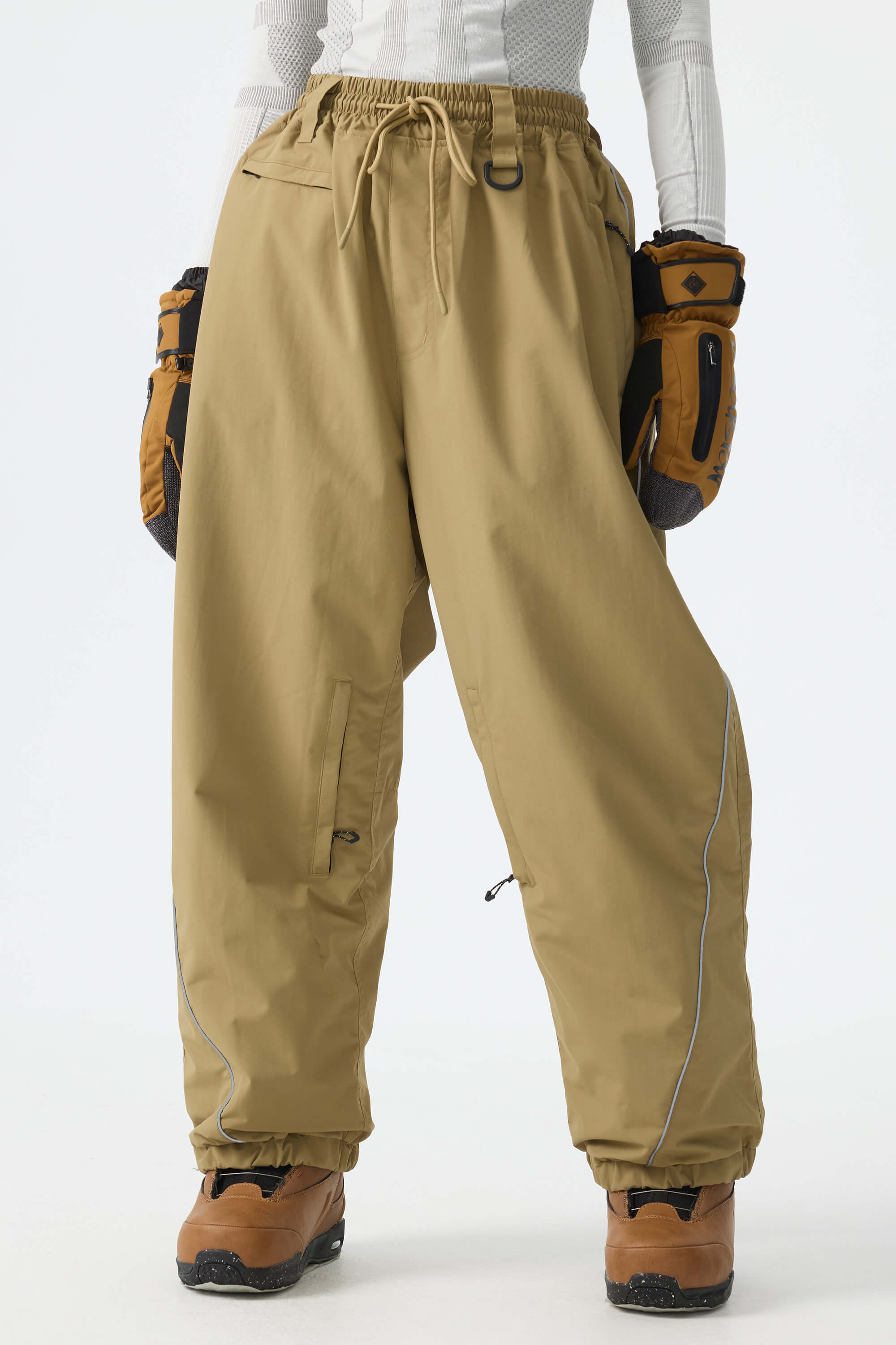 Women's Khaki Baggy Reflective Piping Drawstring Snow Pants