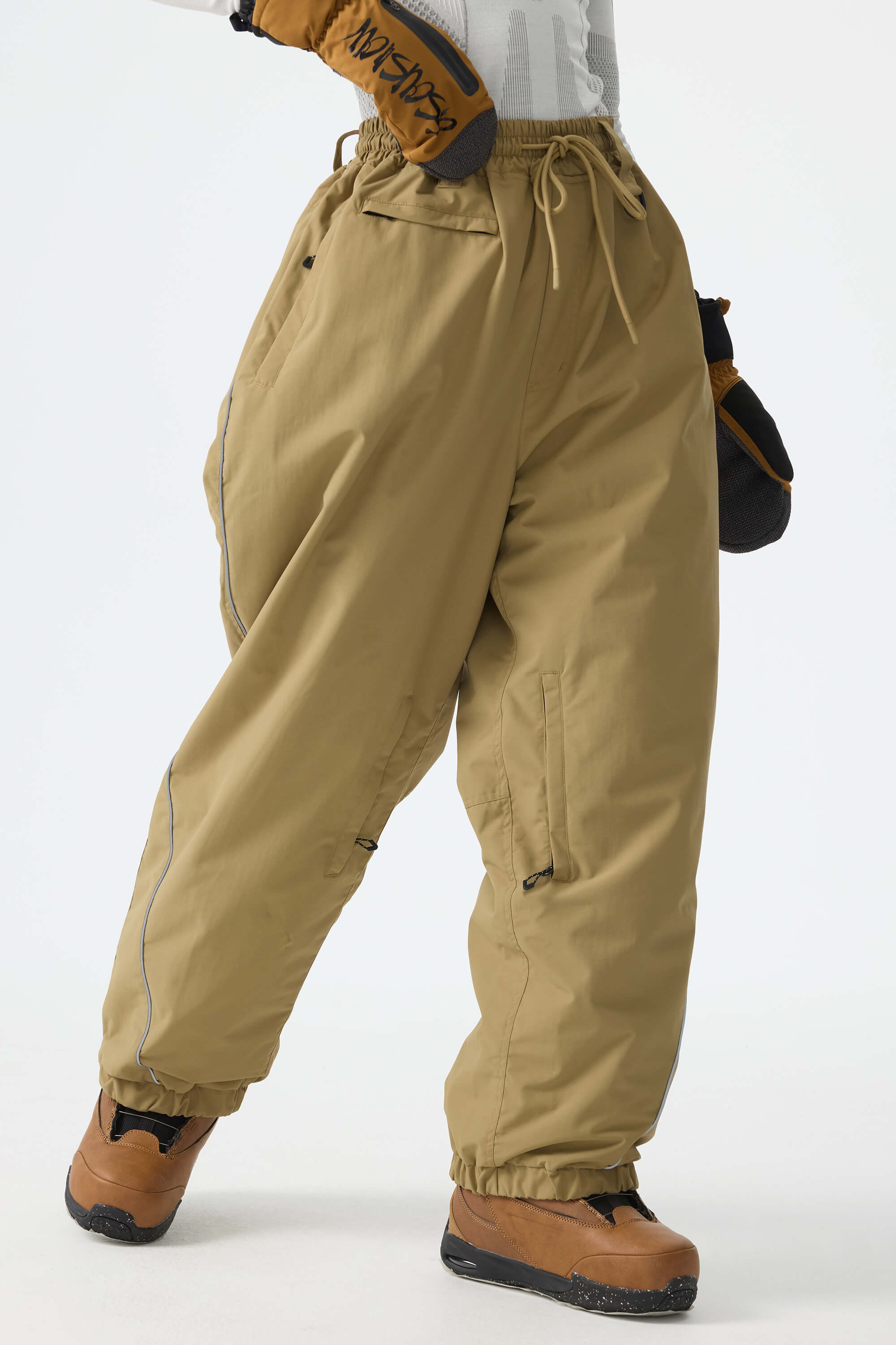 Women's Khaki Baggy Reflective Piping Drawstring Snow Pants