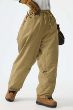 Women's Brown Baggy Reflective Piping Drawstring Snow Pants