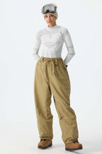 Women's Khaki Baggy Reflective Piping Drawstring Snow Pants