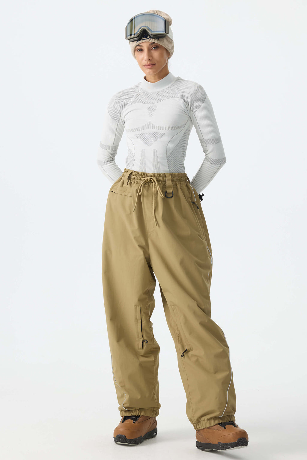 Women's Black Baggy Reflective Piping Drawstring Snow Pants