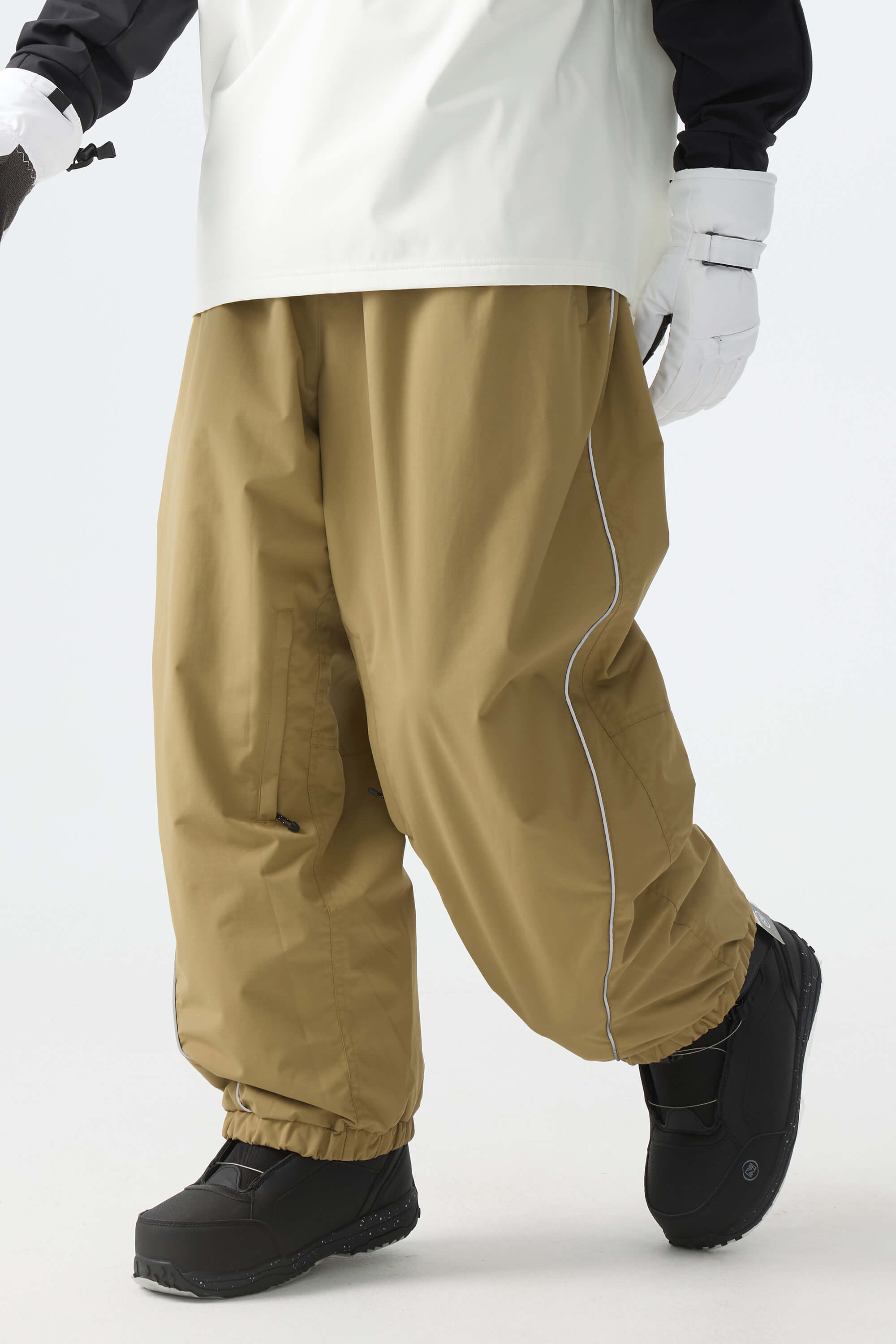 Men's Khaki Baggy Reflective Piping Drawstring Snow Pants