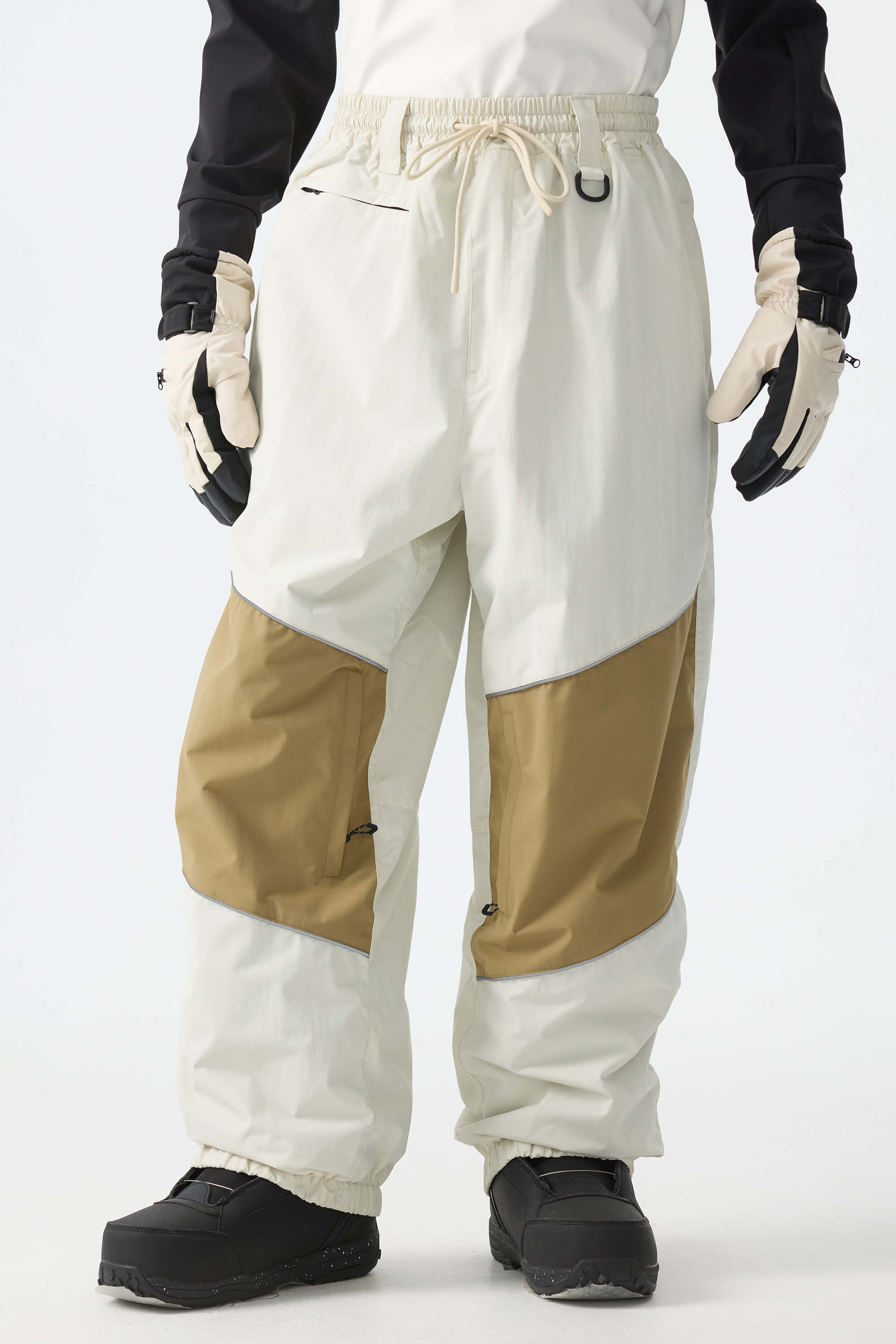 Men's Khaki Color-Block Reflective Baggy Snow Pants
