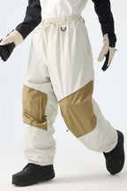 Men's Khaki Color-Block Reflective Baggy Snow Pants
