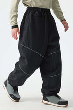 Men's Khaki Color-Block Reflective Baggy Snow Pants