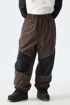 Men's Khaki Color-Block Reflective Baggy Snow Pants