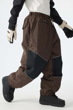 Men's Khaki Color-Block Reflective Baggy Snow Pants