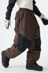 Men's Brown Color-Block Reflective Baggy Snow Pants