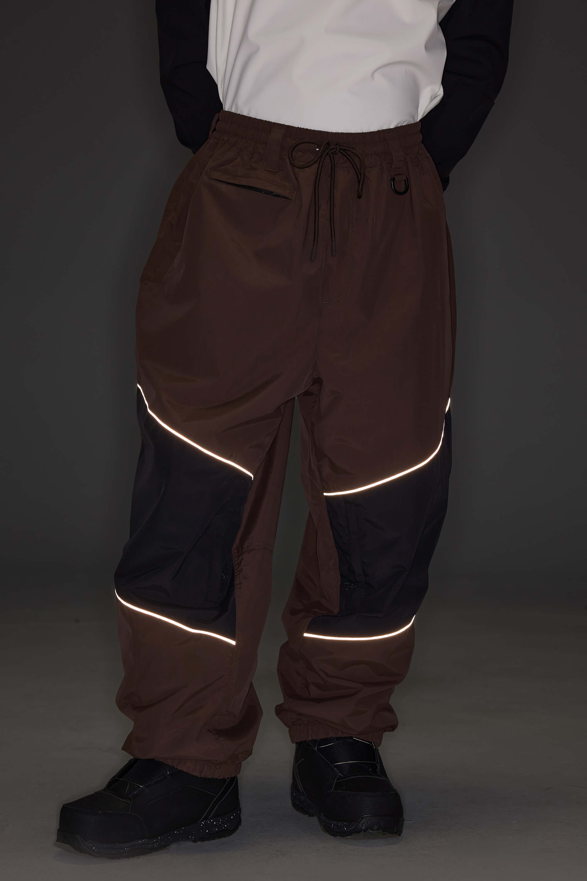 Men's Khaki Color-Block Reflective Baggy Snow Pants