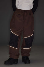 Men's Brown Color-Block Reflective Baggy Snow Pants
