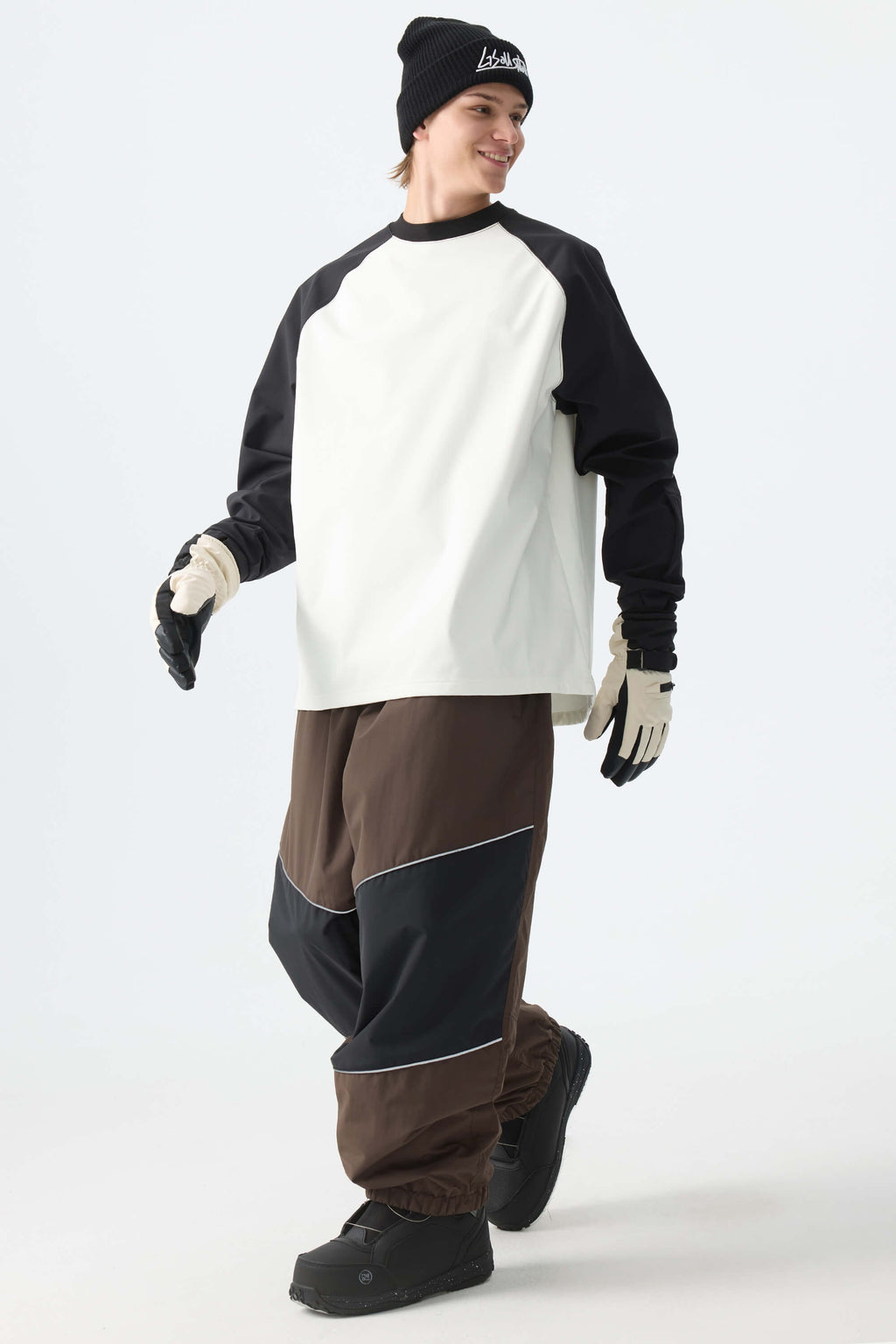 Men's Brown Color-Block Reflective Baggy Snow Pants