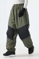 Women's Army Green Color-Block Reflective Baggy Snow Pants