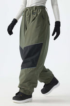 Women's Army Green Color-Block Reflective Baggy Snow Pants
