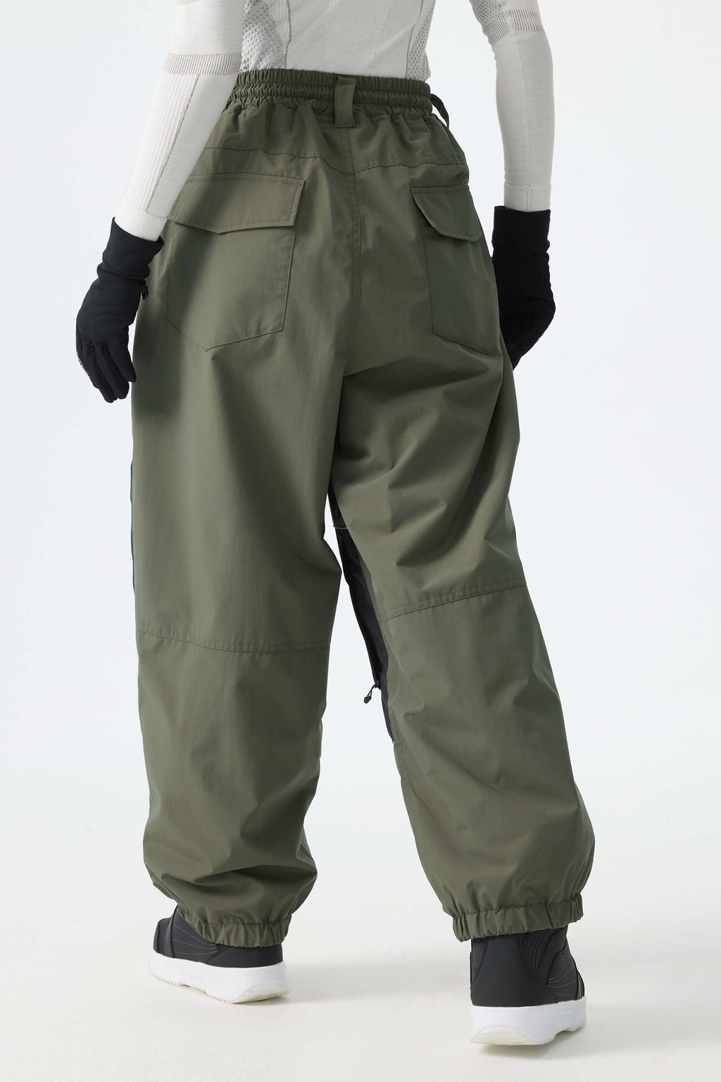 Women's Khaki Color-Block Reflective Baggy Snow Pants