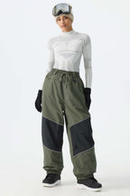 Women's Army Green Color-Block Reflective Baggy Snow Pants