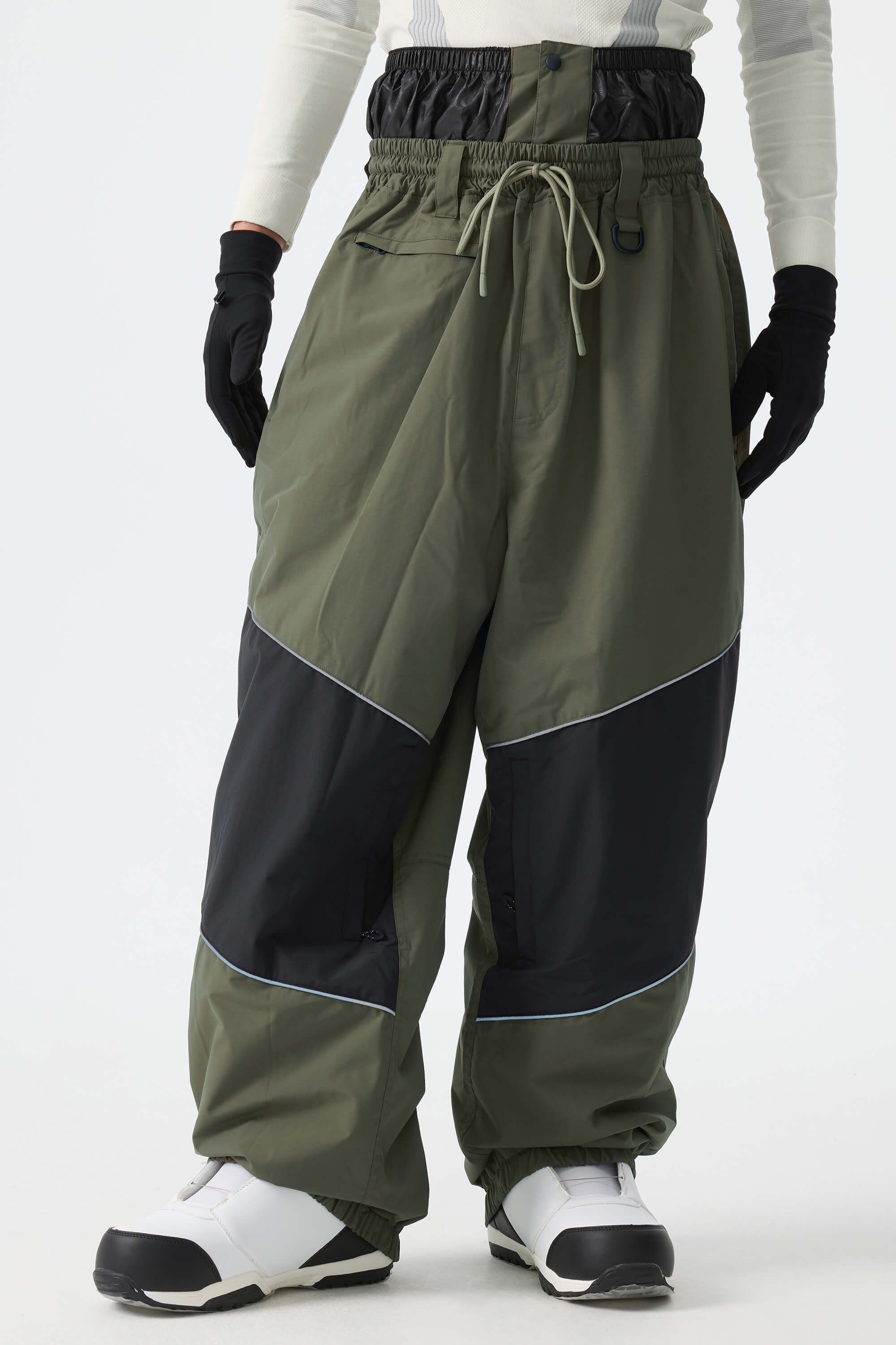 Men's Khaki Color-Block Reflective Baggy Snow Pants