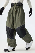 Men's Army Green Color-Block Reflective Baggy Snow Pants
