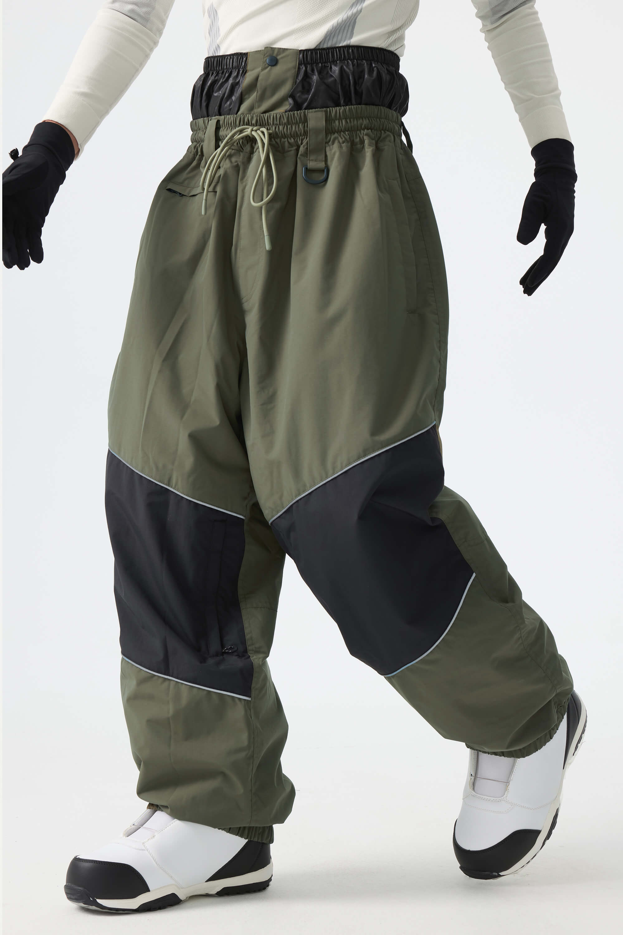 Men's Army Green Color-Block Reflective Baggy Snow Pants