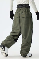 Men's Army Green Color-Block Reflective Baggy Snow Pants