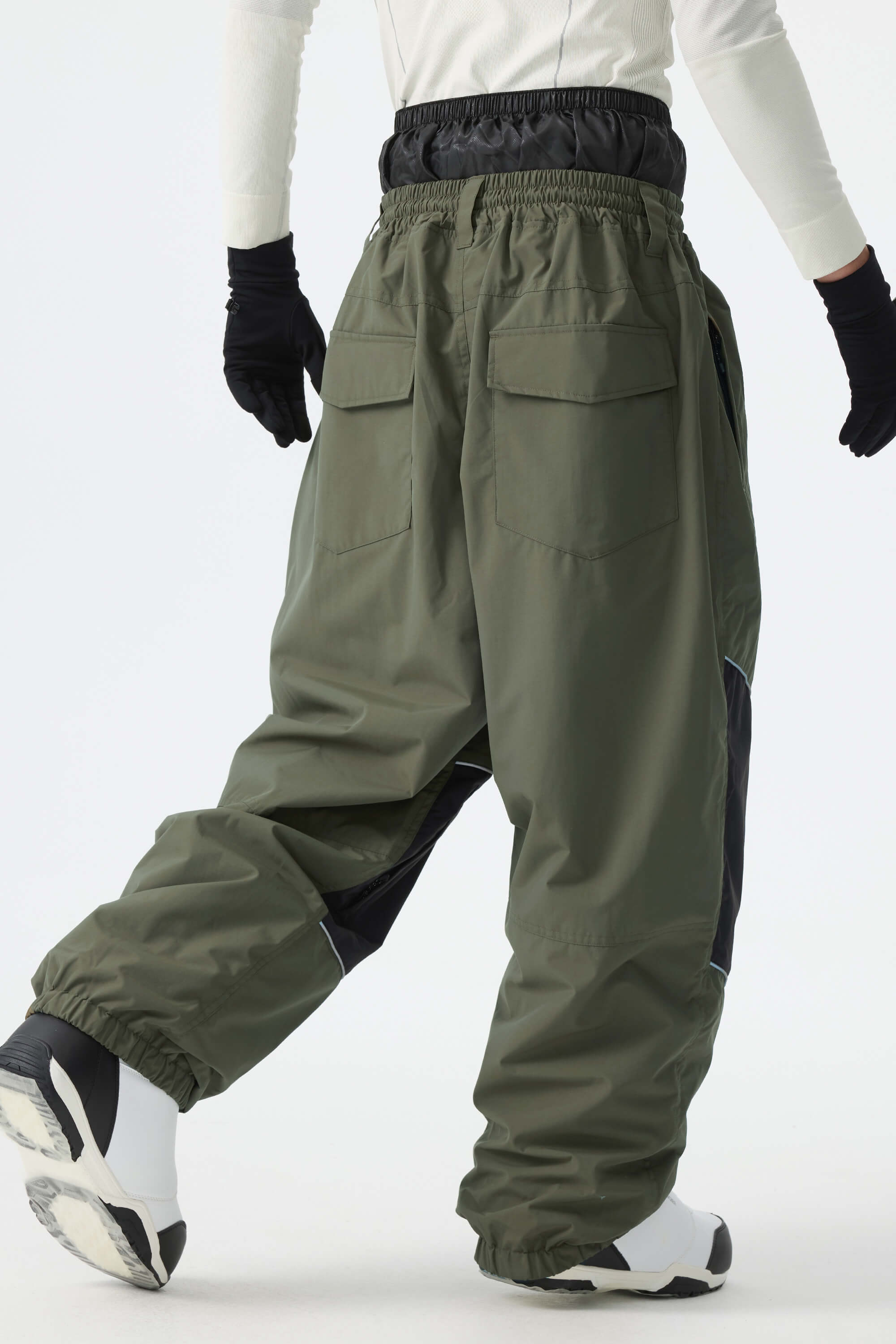 Men's Army Green Color-Block Reflective Baggy Snow Pants