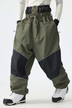 Men's Army Green Color-Block Reflective Baggy Snow Pants