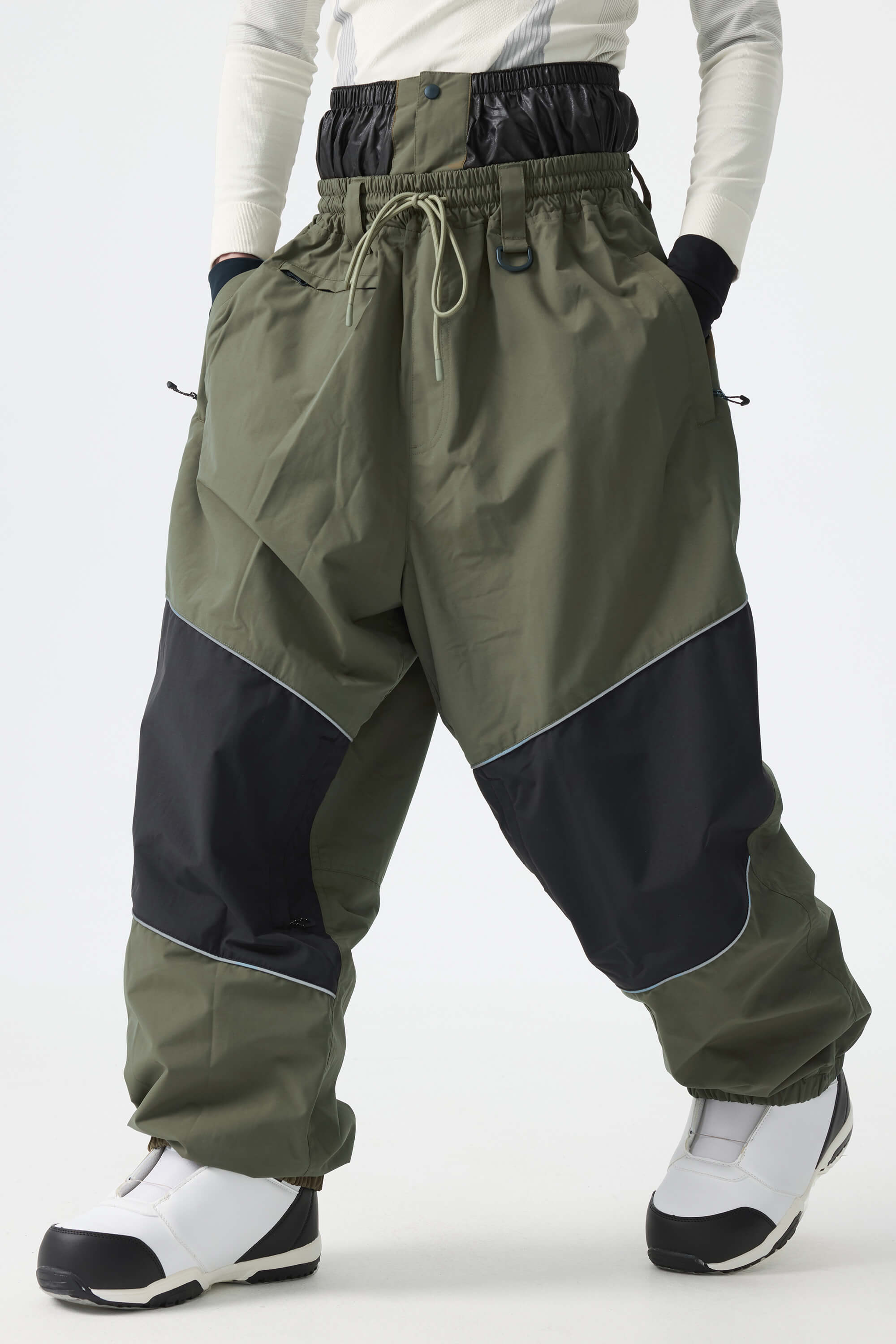 Men's Army Green Color-Block Reflective Baggy Snow Pants