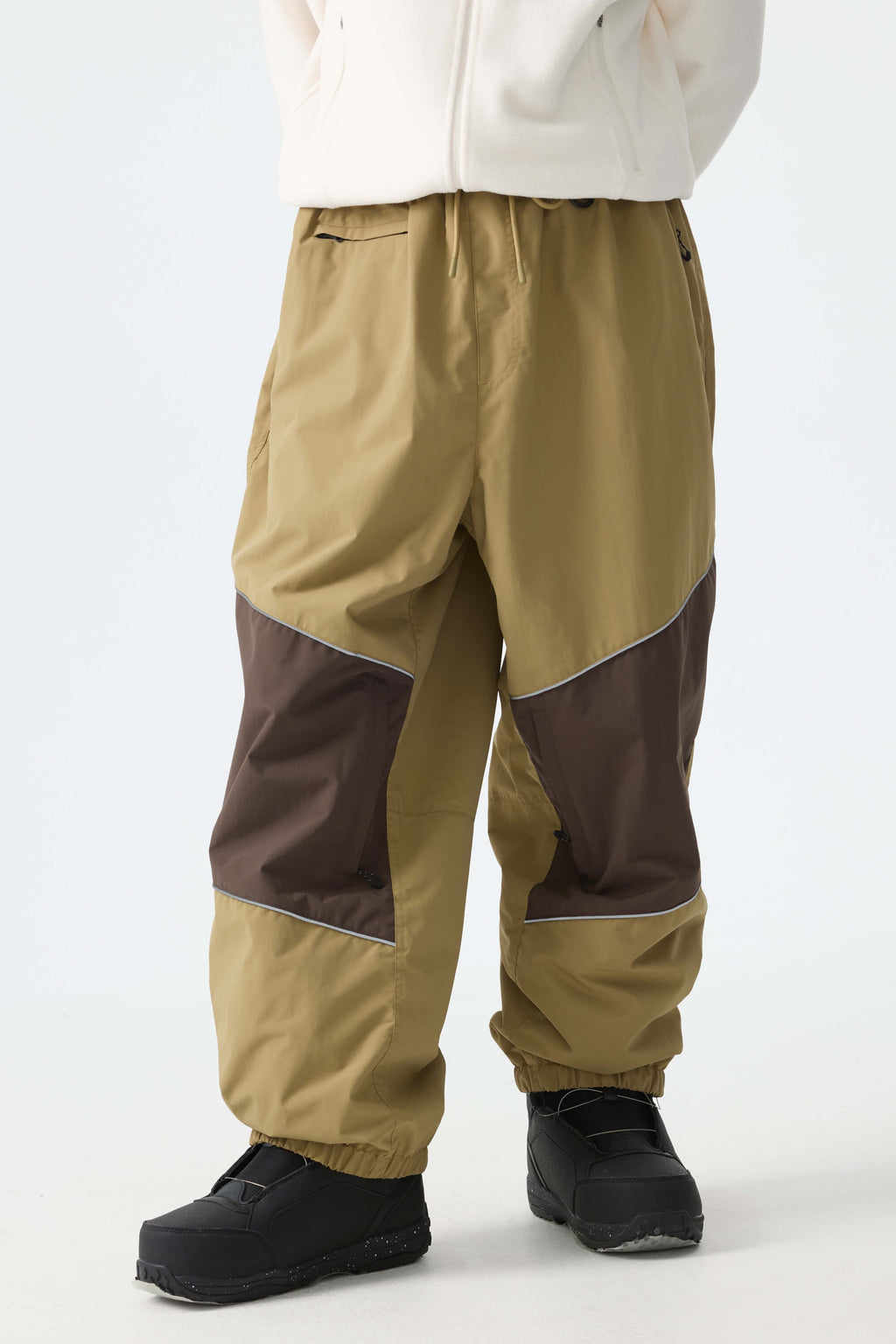 Men's Khaki Color-Block Reflective Baggy Snow Pants