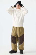 Men's Khaki Color-Block Reflective Baggy Snow Pants