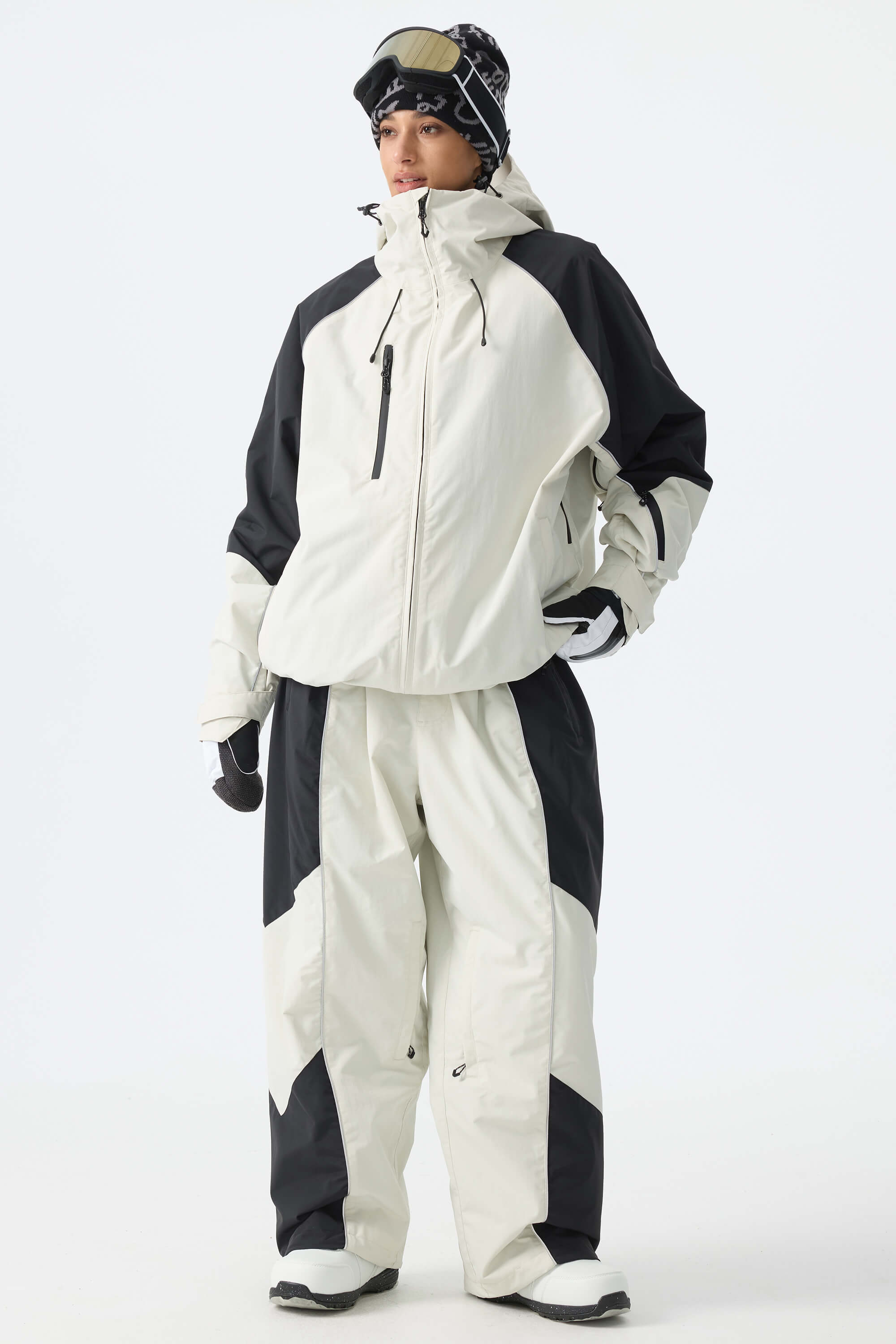 Women's Color Block Black Waterproof Reflective Snow Pants