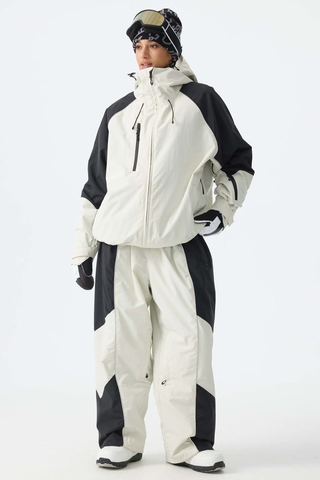 Women's Color Block Off White Waterproof Reflective Snow Pants