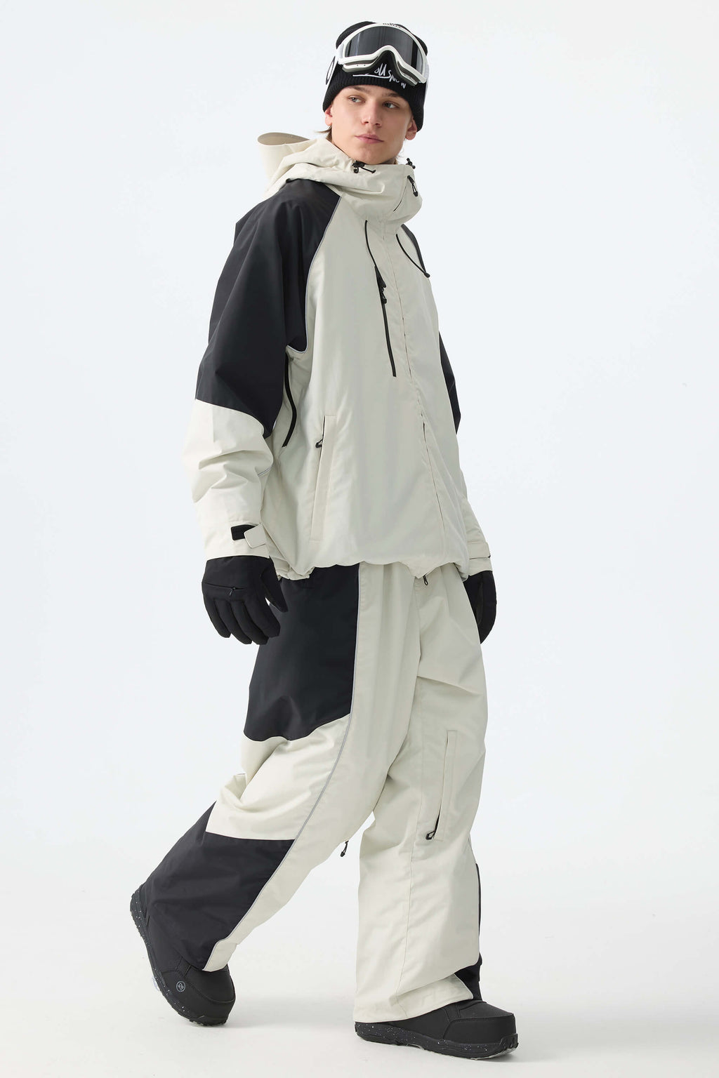 Men's Color Block Black Waterproof Reflective Snow Pants