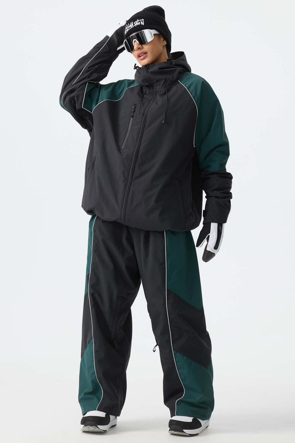 Women's Color Block Black Waterproof Reflective Snow Pants