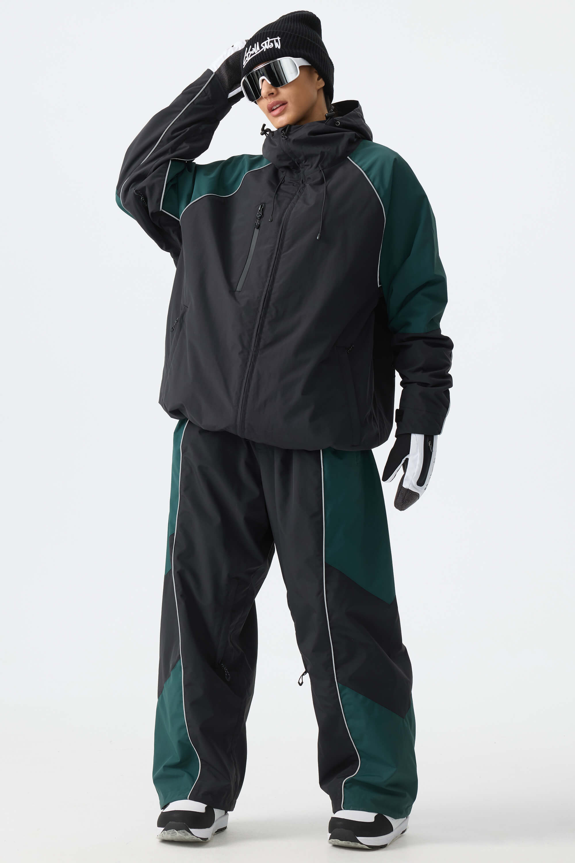 Women's Color Block Black Waterproof Reflective Snow Pants