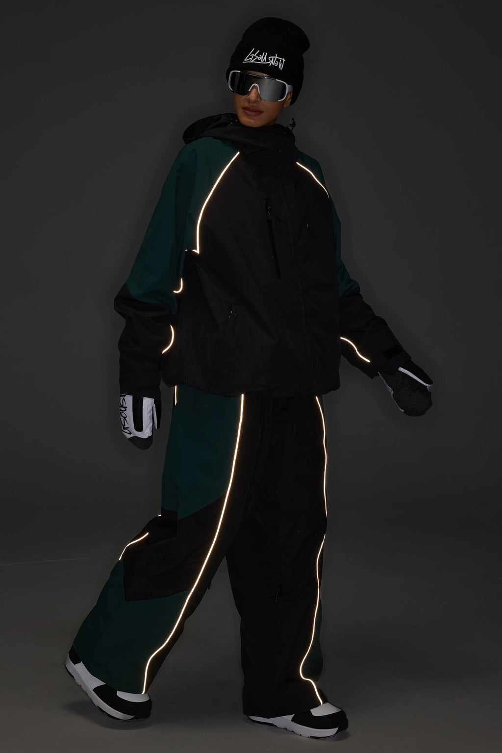 Women's Color Block Black Waterproof Reflective Snow Pants