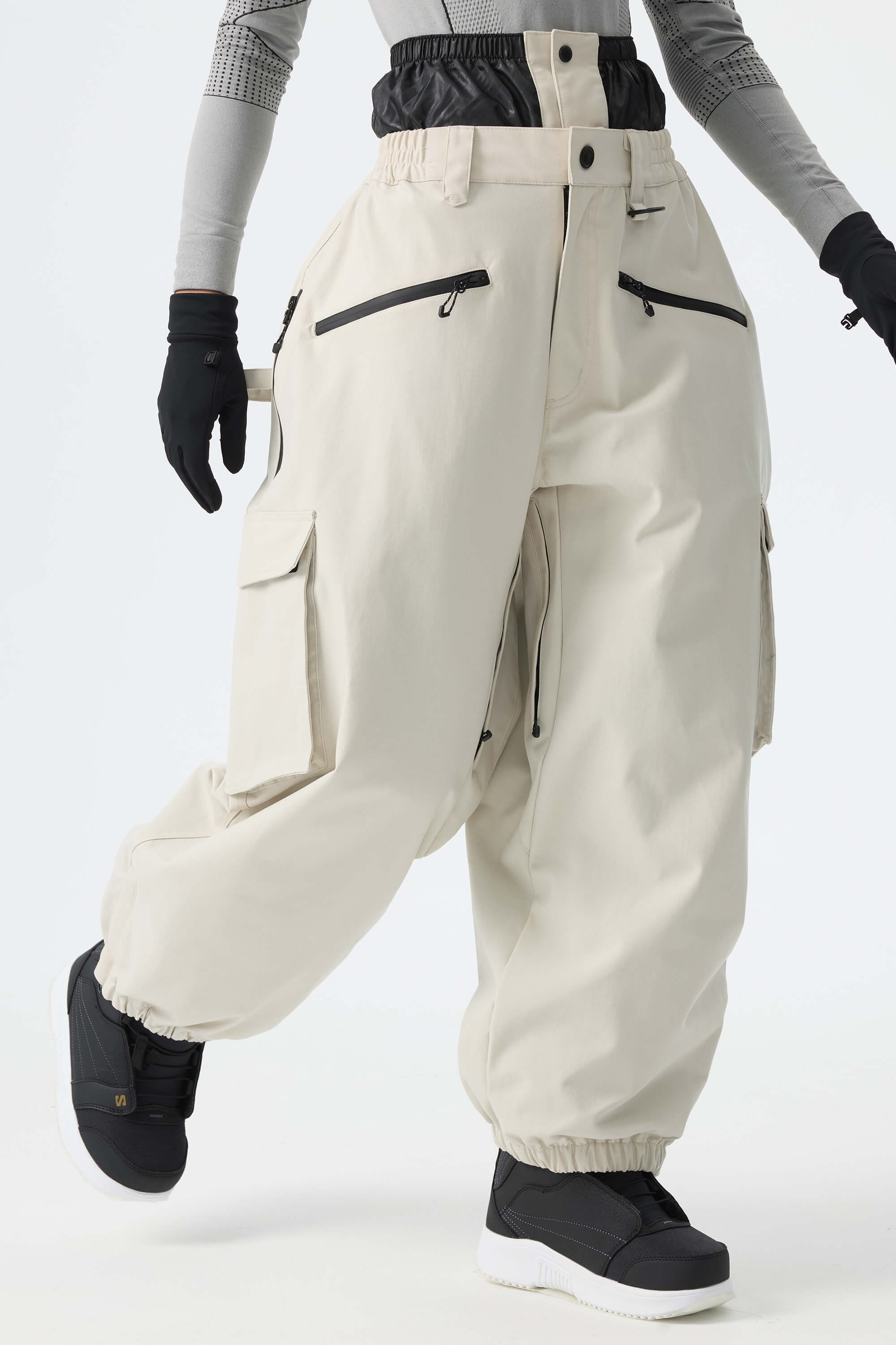 Women's Khaki Thermal Waterproof Utility Cargo Baggy Snow Pants