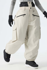Women's Off White Thermal Waterproof Utility Cargo Baggy Snow Pants