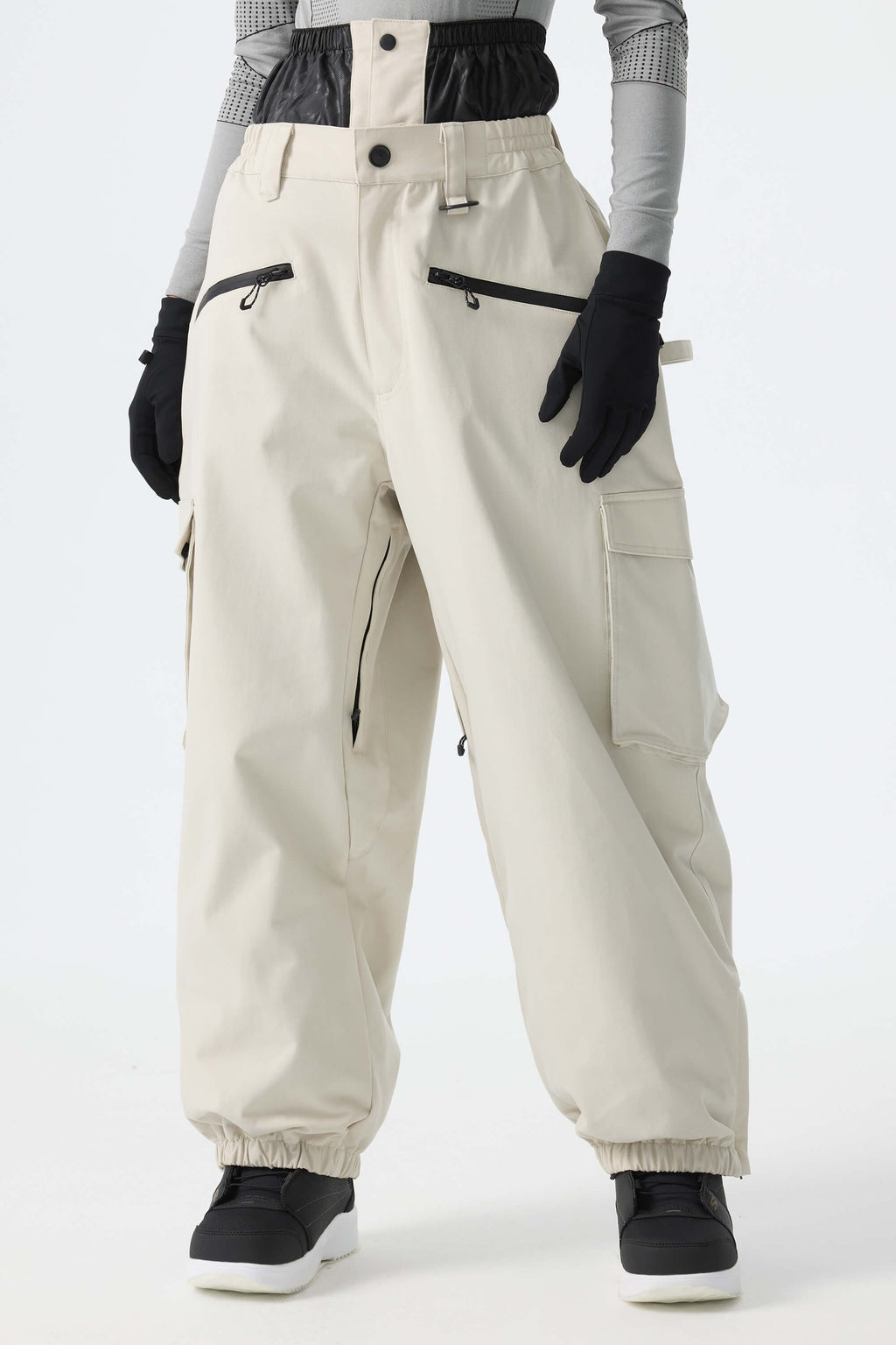 Women's Off White Thermal Waterproof Utility Cargo Baggy Snow Pants