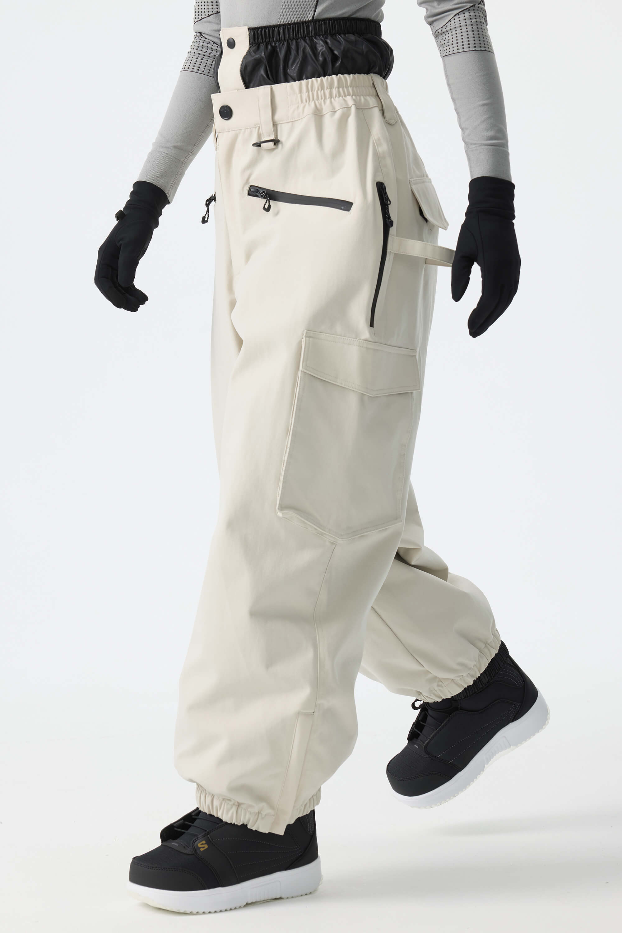 Women's Off White Thermal Waterproof Utility Cargo Baggy Snow Pants