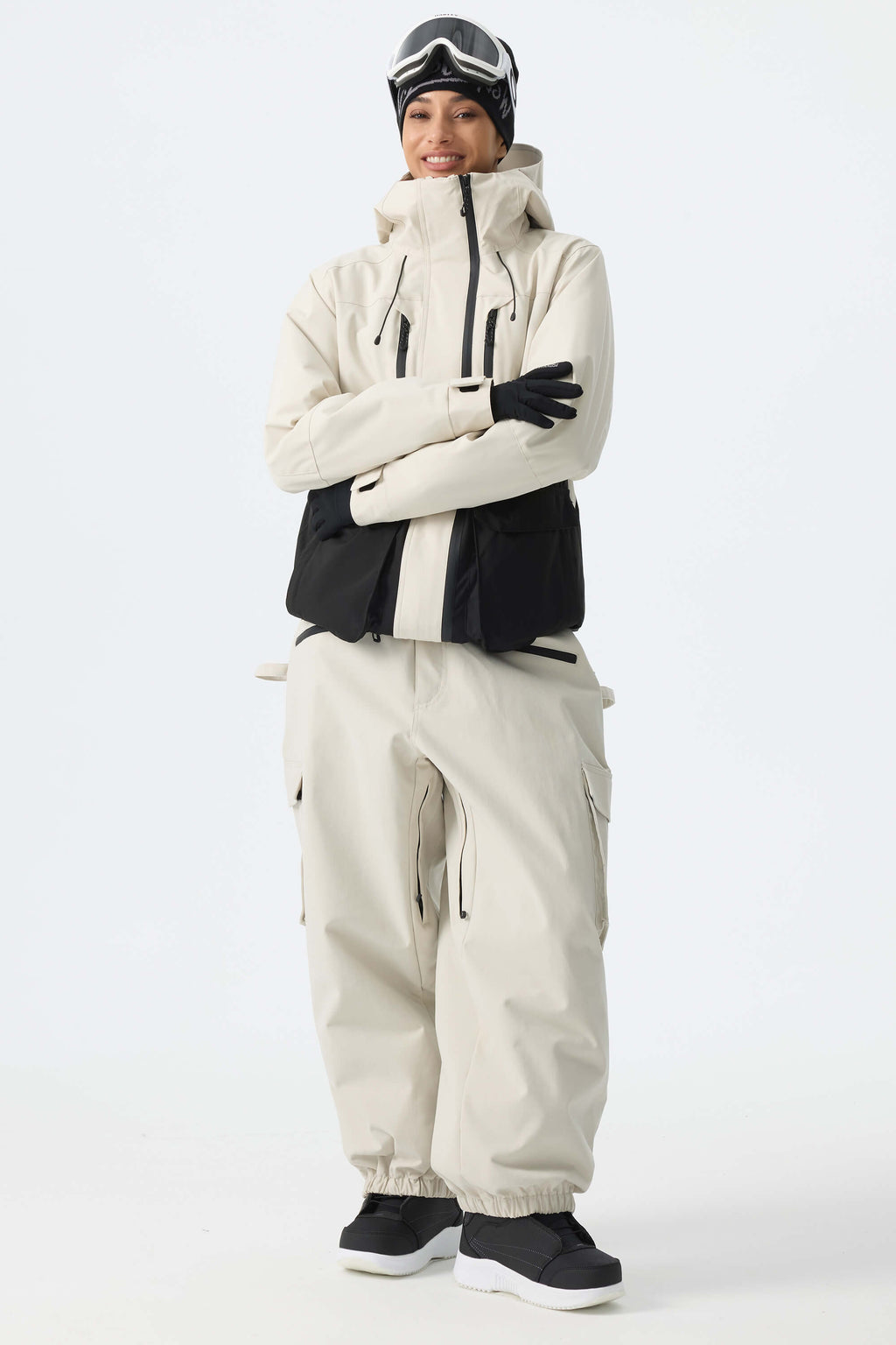 Women's Off White Thermal Waterproof Utility Cargo Baggy Snow Pants