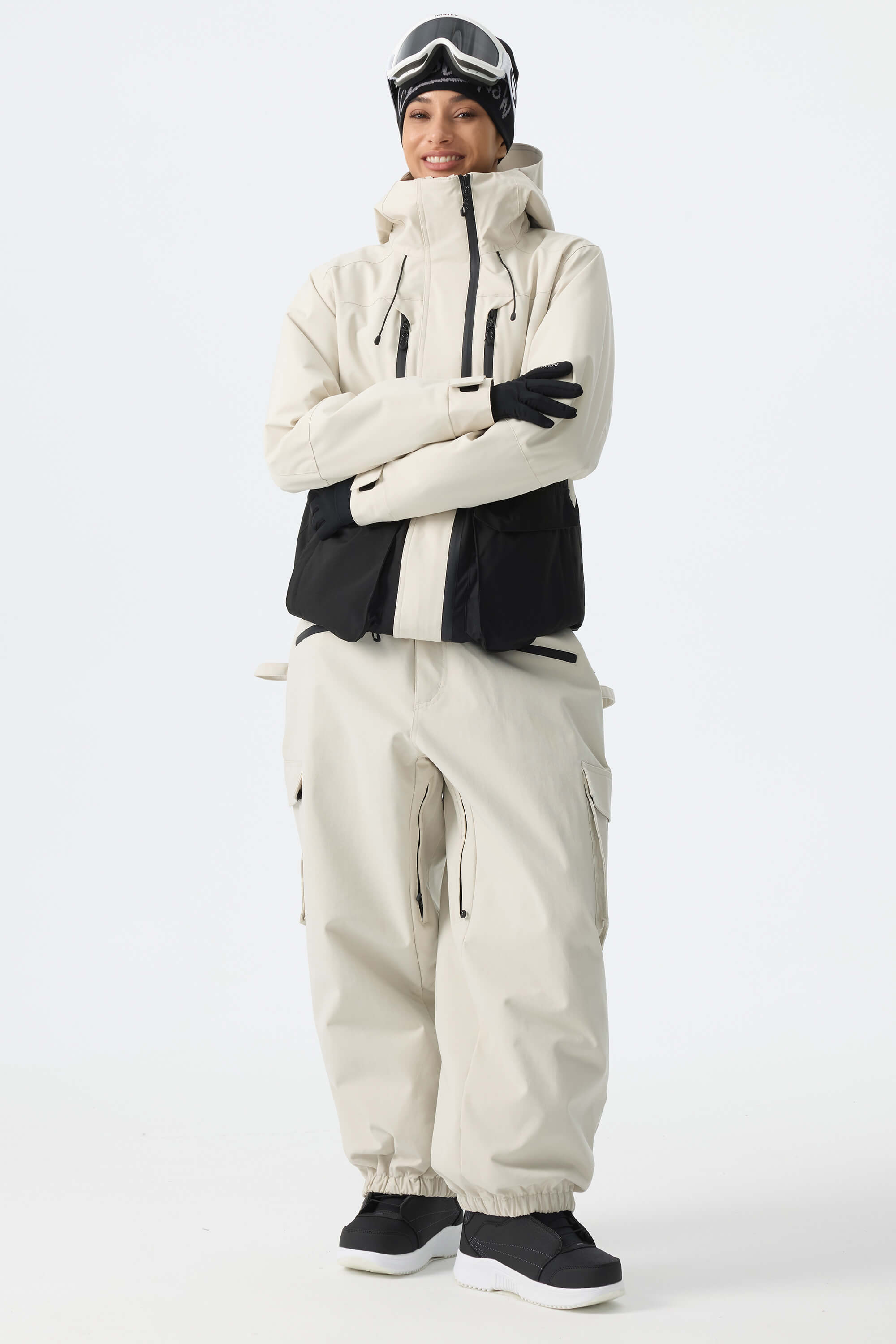 Women's Off White Thermal Waterproof Utility Cargo Baggy Snow Pants