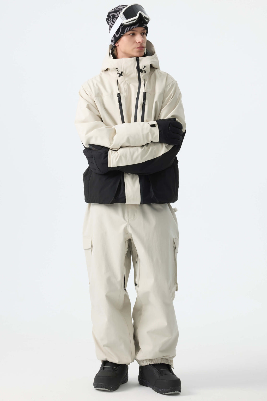 Men's Off White Thermal Waterproof Utility Cargo Baggy Snow Pants