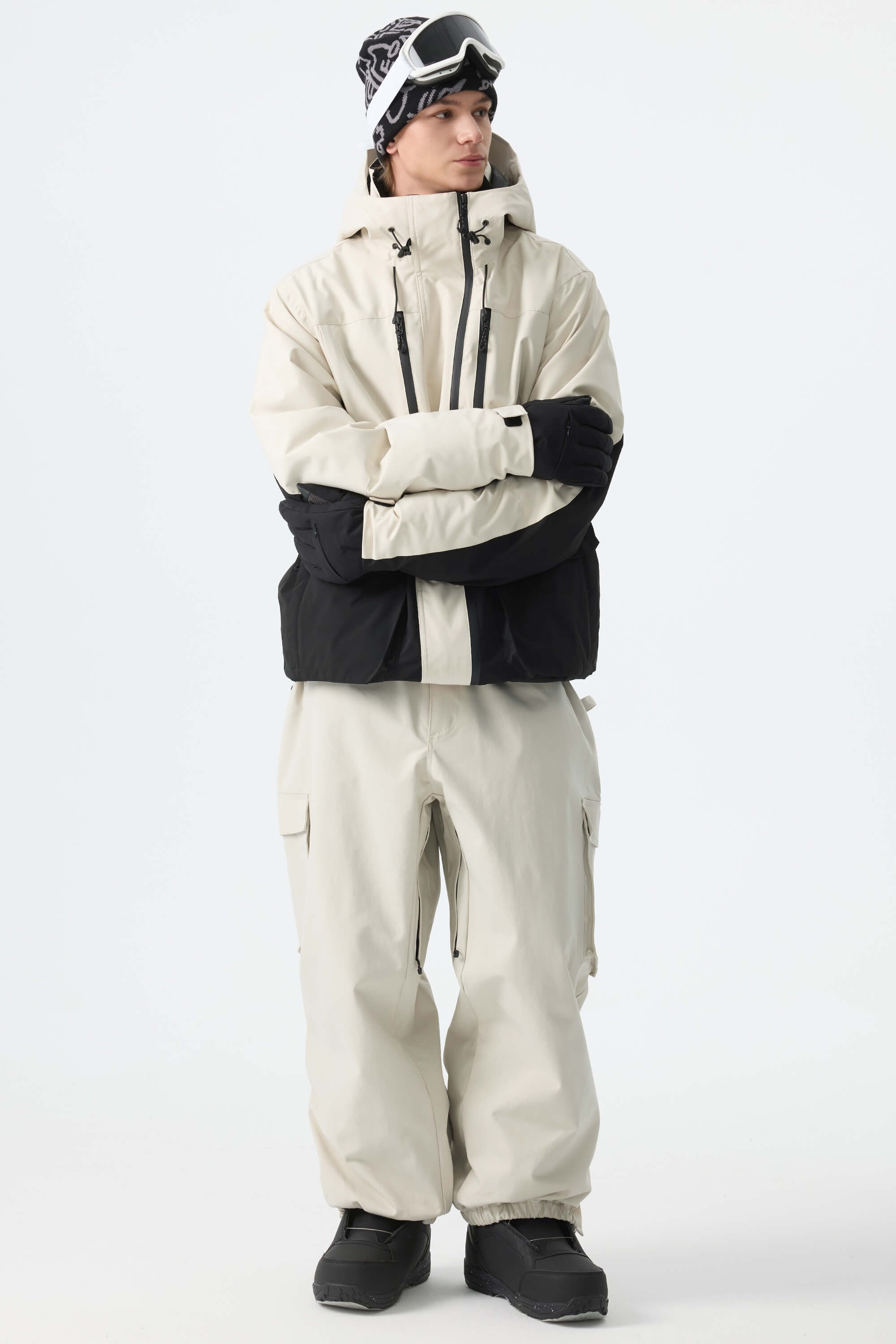 Men's Off White Thermal Waterproof Utility Cargo Baggy Snow Pants